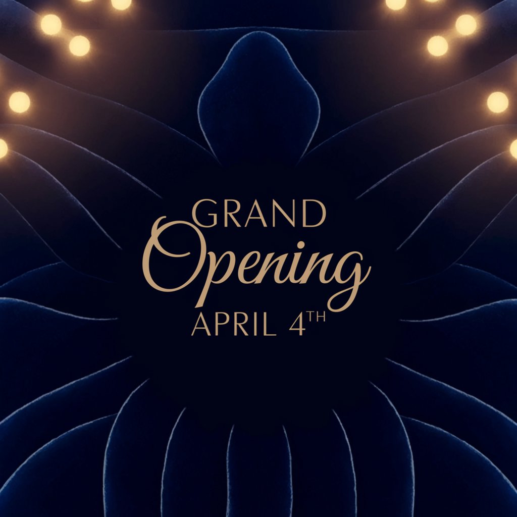 April 4th grand opening image gold letters on velvet blue fabric